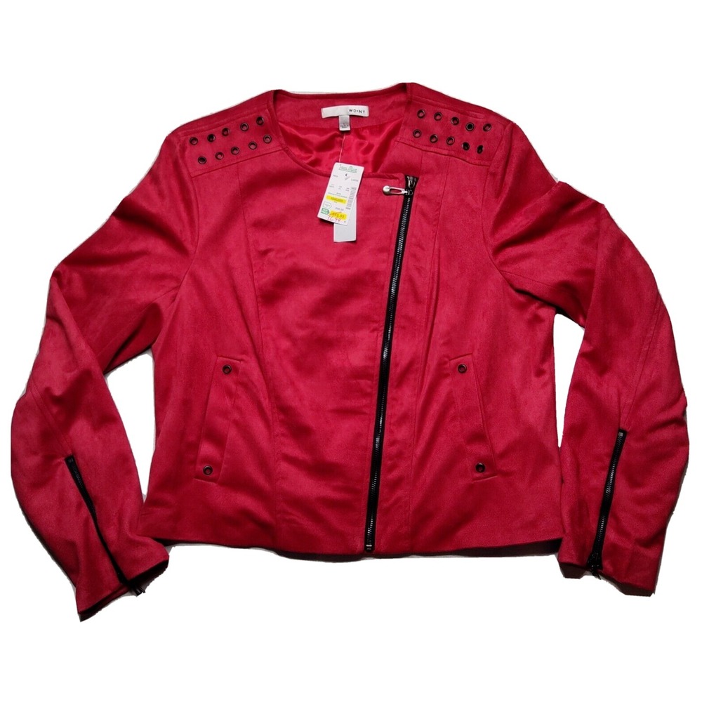 WD.NY Women Large Collarless Red Faux Suede Asymmetrical Zip Jacket NEW